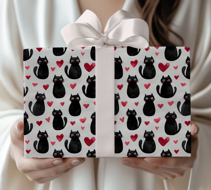 Velvetpurr Love – Minimal Black Cat Heart Pattern wrapping paper