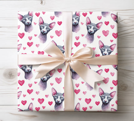 Sphynx Cat Valentine Wrapping Paper with Hearts | Cute Pet Gift Wrap 