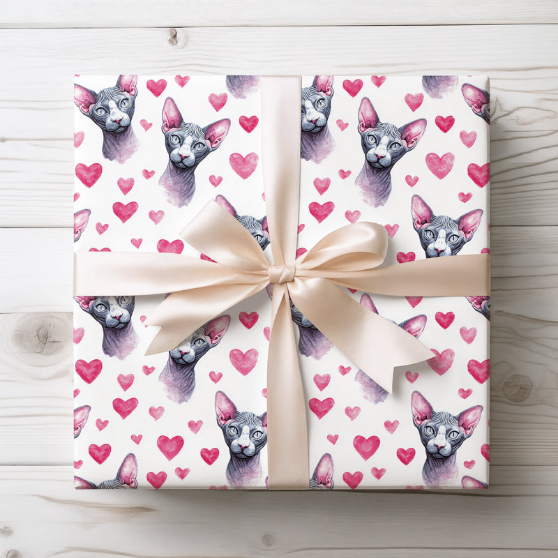 Velvheart Sphinx – Watercolor Sphynx Cat with Pink Hearts wrapping paper