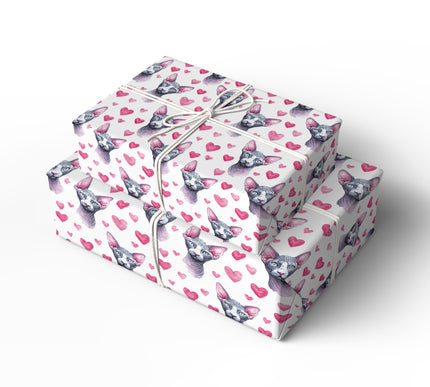 Velvheart Sphinx – Watercolor Sphynx Cat with Pink Hearts wrapping paper