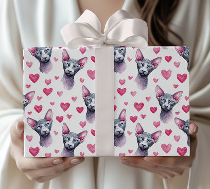 Velvheart Sphinx – Watercolor Sphynx Cat with Pink Hearts wrapping paper