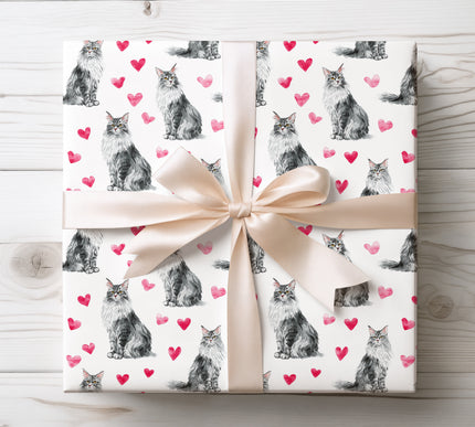 Watercolor Maine Coon Cat with Hearts Seamless wrapping paper 