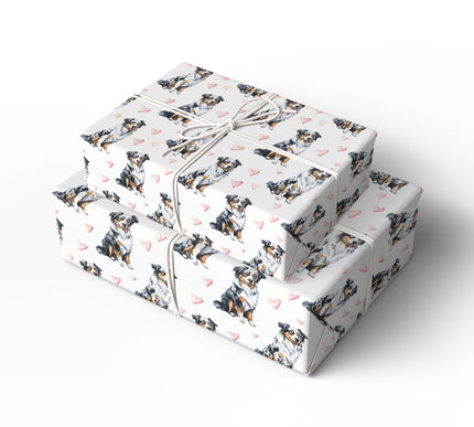 Aussie Affection – Watercolor Australian Shepherd Dog with Hearts wrapping paper