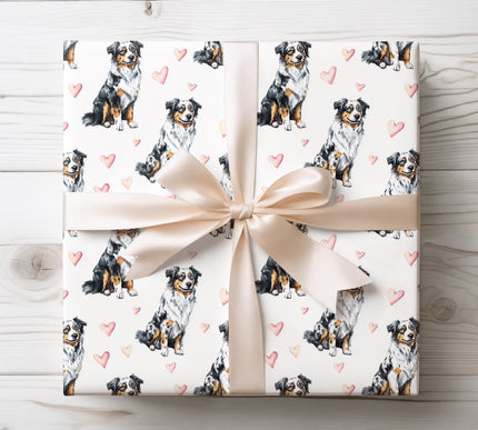 Watercolor Australian Shepherd Dog with Hearts wrapping paper 
