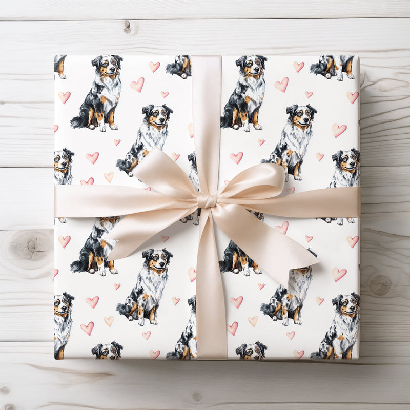 Aussie Affection – Watercolor Australian Shepherd Dog with Hearts wrapping paper