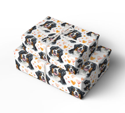 Bernheart Glow – Bernese Mountain Dog with Orange Watercolor Hearts wrapping paper