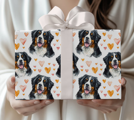 Bernheart Glow – Bernese Mountain Dog with Orange Watercolor Hearts wrapping paper