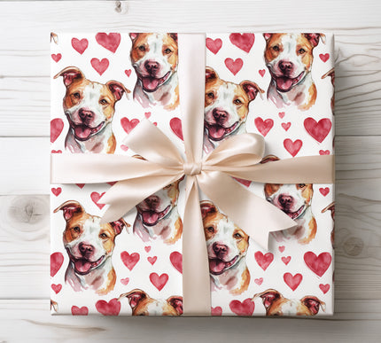 Pit Bull Valentine Wrapping Paper with Watercolor Hearts 