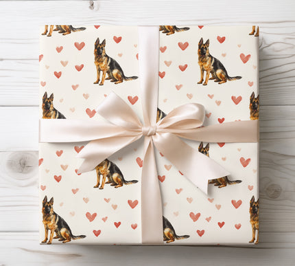 Watercolor German Shepherd Dog with Hearts Seamless wrapping paper 