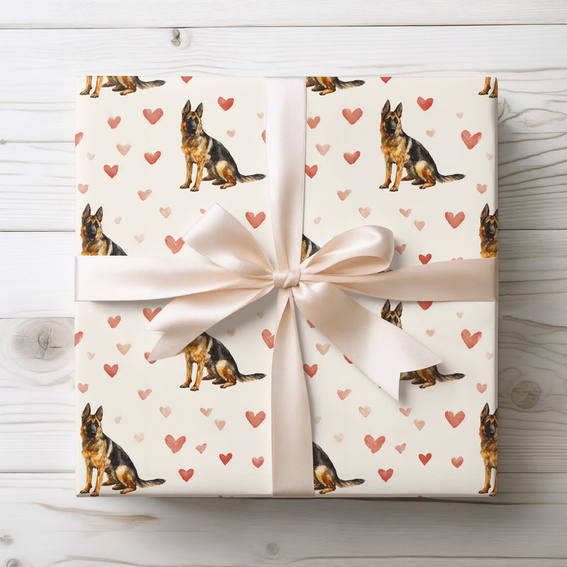 Bravelove Guard – Watercolor German Shepherd Dog with Hearts Seamless wrapping paper