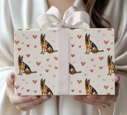Bravelove Guard – Watercolor German Shepherd Dog with Hearts Seamless wrapping paper