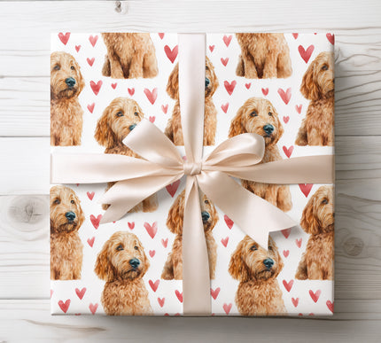 Golden doodle dog with red hearts wrapping paper 