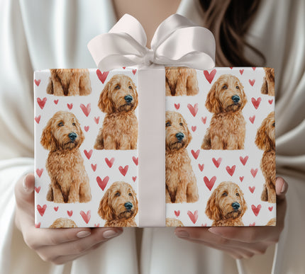 Doodlepup Romance – Golden Doodle Dog with Red Hearts Wrapping Paper
