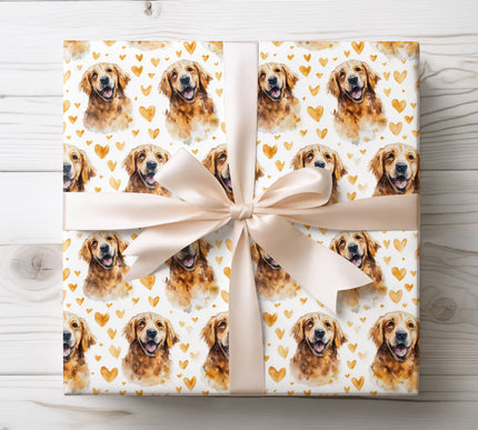 Watercolor Golden Retriever with Gold Hearts Seamless wrapping paper 