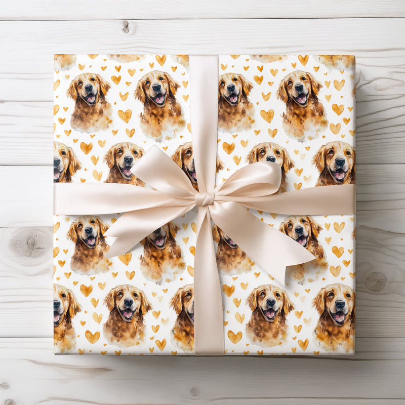 Goldenbeam Smile – Watercolor Golden Retriever with Gold Hearts Seamless wrapping paper