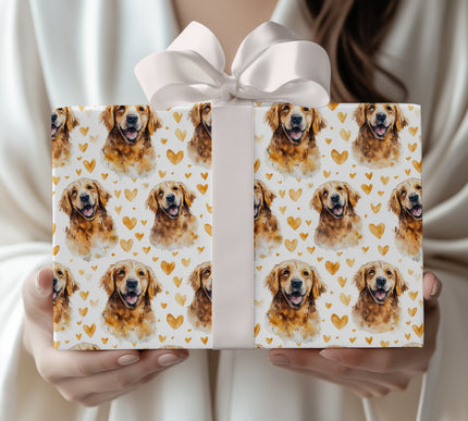 Goldenbeam Smile – Watercolor Golden Retriever with Gold Hearts Seamless wrapping paper