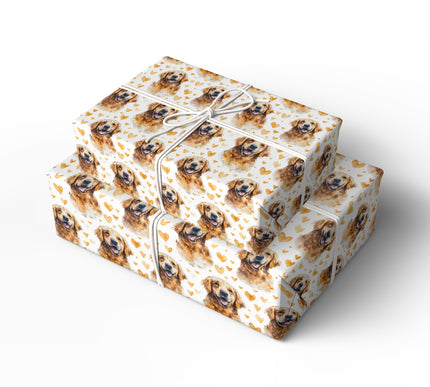 Goldenbeam Smile – Watercolor Golden Retriever with Gold Hearts Seamless wrapping paper