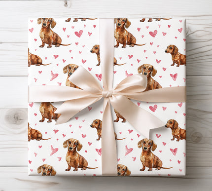 Sitting Dachshund Puppies and Pink Hearts wrapping paper 