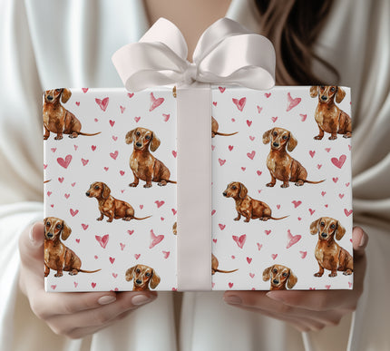 Hopkin Cuddlefluff – Sitting Dachshund Puppies and Pink Hearts wrapping paper