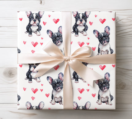 Watercolor French Bulldog Dog with Hearts Seamless wrapping paper 