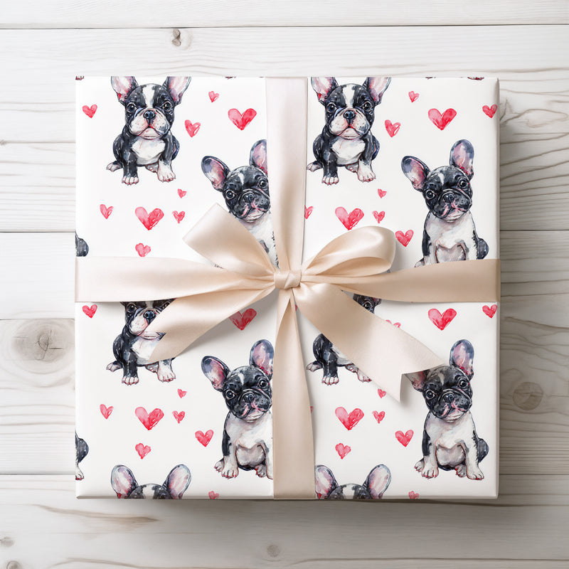 Lovebully Pup – Watercolor French Bulldog Dog with Hearts Seamless wrapping paper
