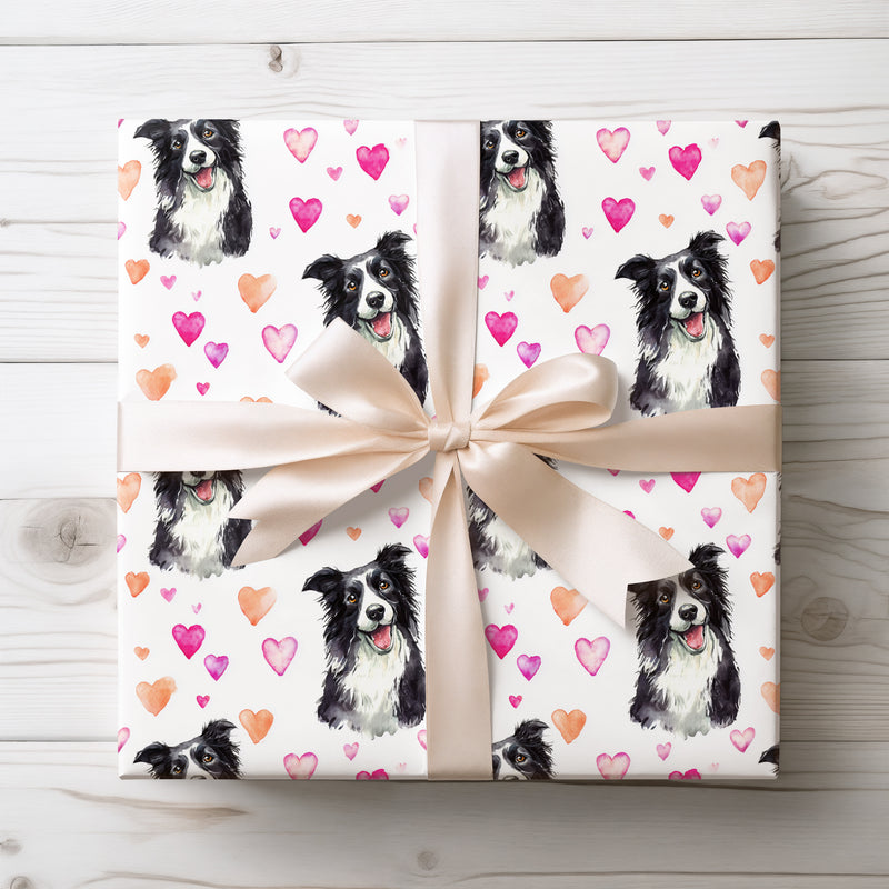 Loyal Love – Watercolor Border Collie Dog with Hearts wrapping paper