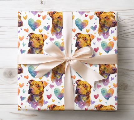 Watercolor Pit Bull Wrapping Paper with Colorful Hearts
