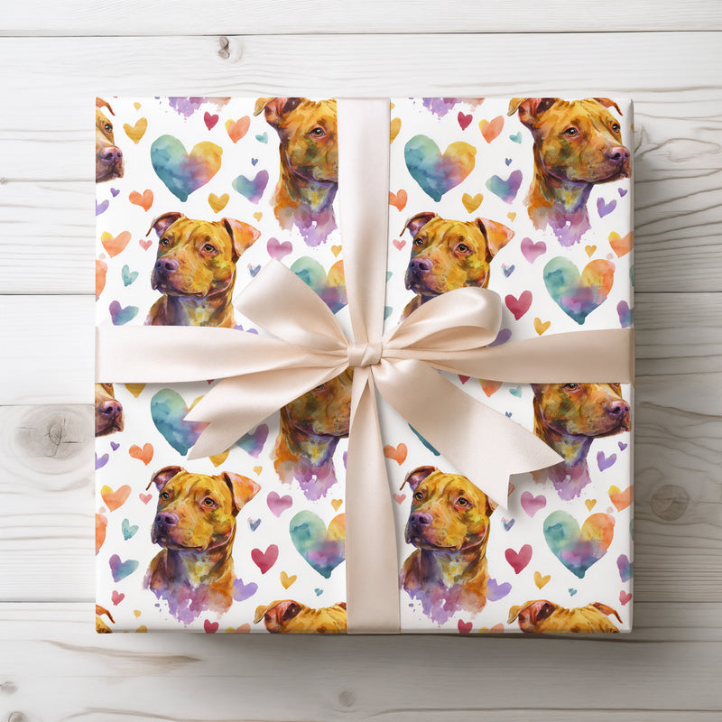 Rainbowheart Paws – Watercolor Pit Bull Hearts wrapping paper