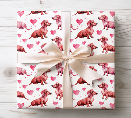 Watercolor Dachshund Dog with Hearts Seamless wrapping paper 