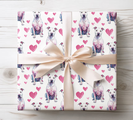 White Pit Bull Wrapping Paper with Pink Hearts, Romantic Dog Gift Wrap 