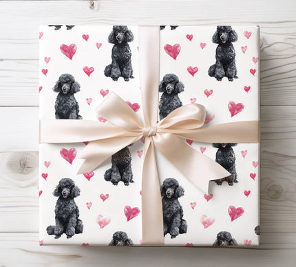 Black poodle with hearts wrapping paper 