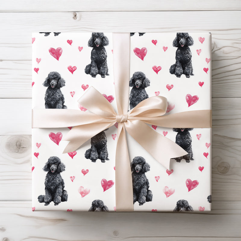 Velvetpuff Valentine – black poodle heart wrapping paper