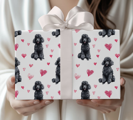 Velvetpuff Valentine – black poodle heart wrapping paper