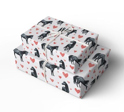 Wild Valentine – Watercolor Black Horse with Red Hearts wrapping paper