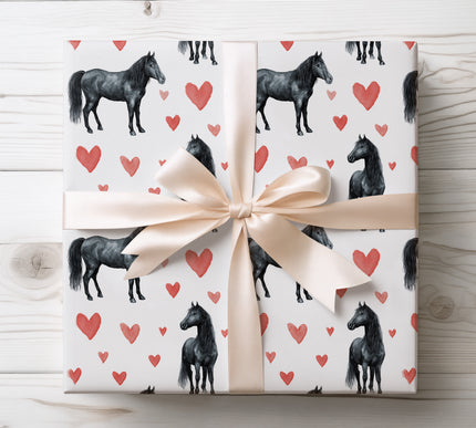 Watercolor Black Horse with Red Hearts wrapping paper 