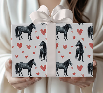 Wild Valentine – Watercolor Black Horse with Red Hearts wrapping paper