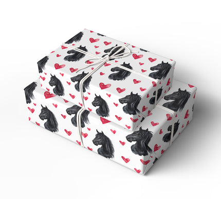 Equine Gaze – Black Horse Head with Red Watercolor Hearts wrapping paper