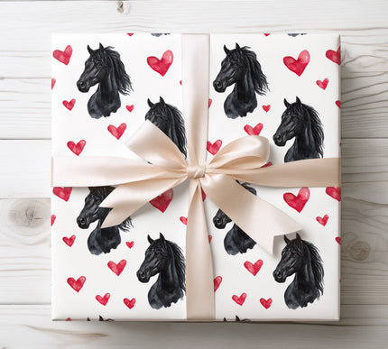 Black Horse Head with Red Watercolor Hearts wrapping paper 