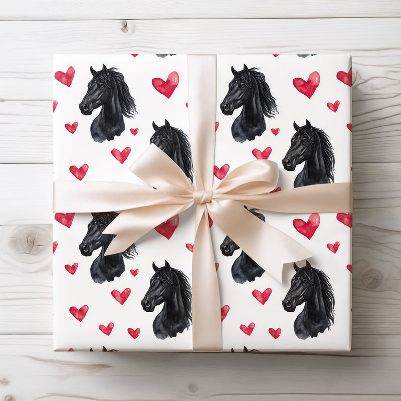 Equine Gaze – Black Horse Head with Red Watercolor Hearts wrapping paper