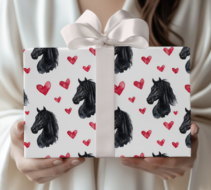 Equine Gaze – Black Horse Head with Red Watercolor Hearts wrapping paper