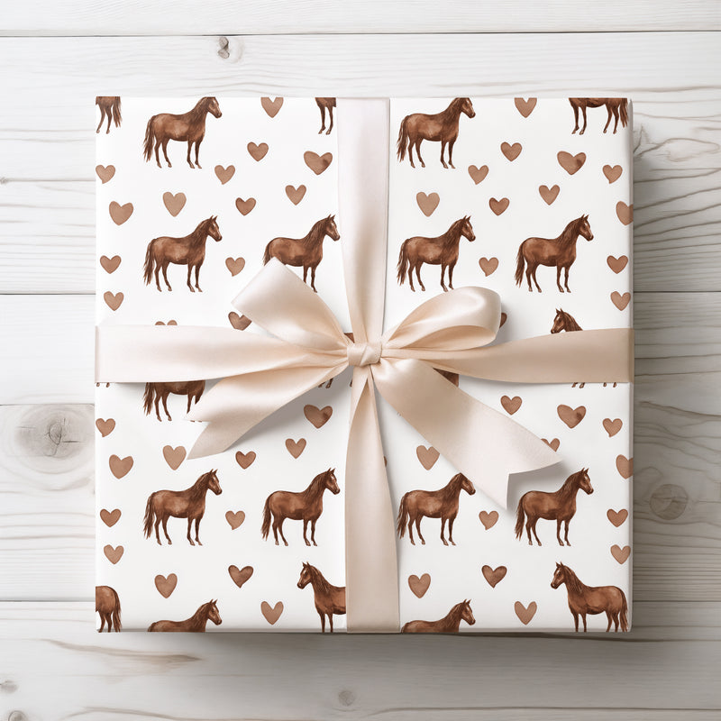 Equitine Whispers – Sepia Watercolor Horses and Hearts wrapping paper