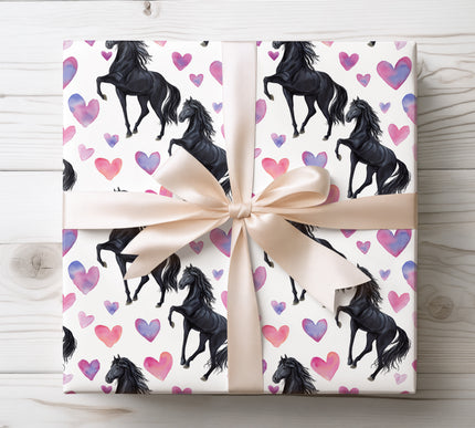 Black horse with pink and purple hearts wrapping paper 