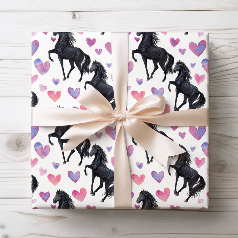 Grace Gallop – Majestic Black Horse with Purple-Pink Hearts wrapping paper