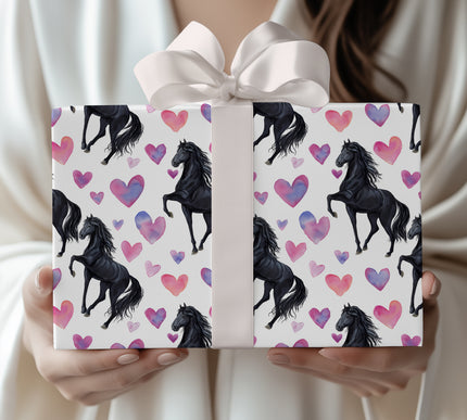 Grace Gallop – Majestic Black Horse with Purple-Pink Hearts wrapping paper