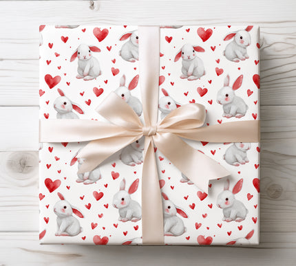 White rabbits with watercolor hearts wrapping paper 