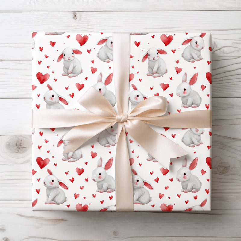 Flufflove Meadow – Sweet White Rabbits with Watercolor Hearts wrapping paper