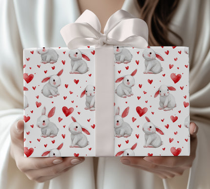 Flufflove Meadow – Sweet White Rabbits with Watercolor Hearts wrapping paper