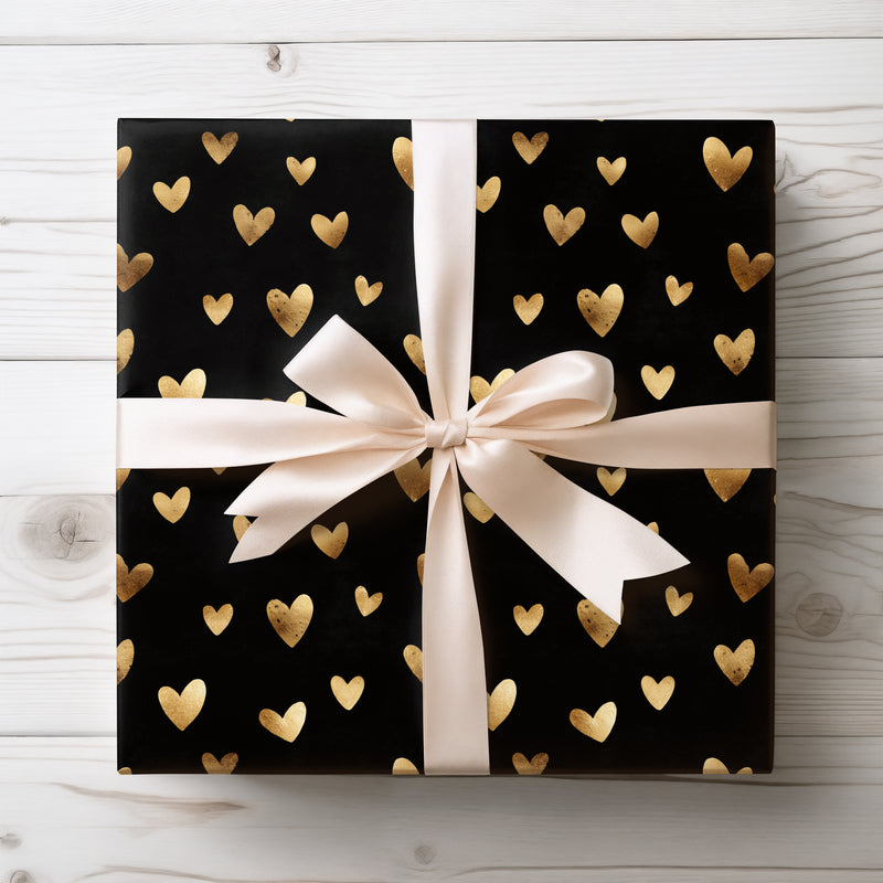 Auraflame Hearts – Clean gold foil hearts on black background wrapping paper