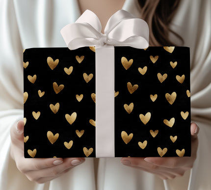 Auraflame Hearts – Clean gold foil hearts on black background wrapping paper