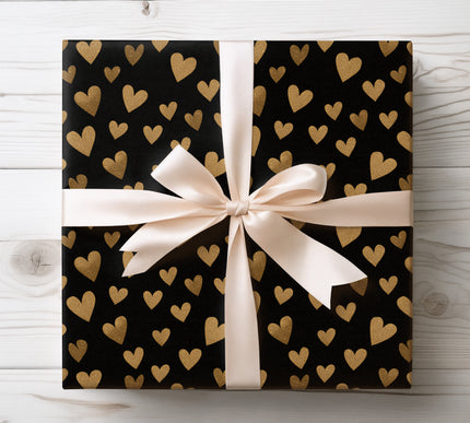Gold Glitter Hearts on Black Luxury wrapping paper 